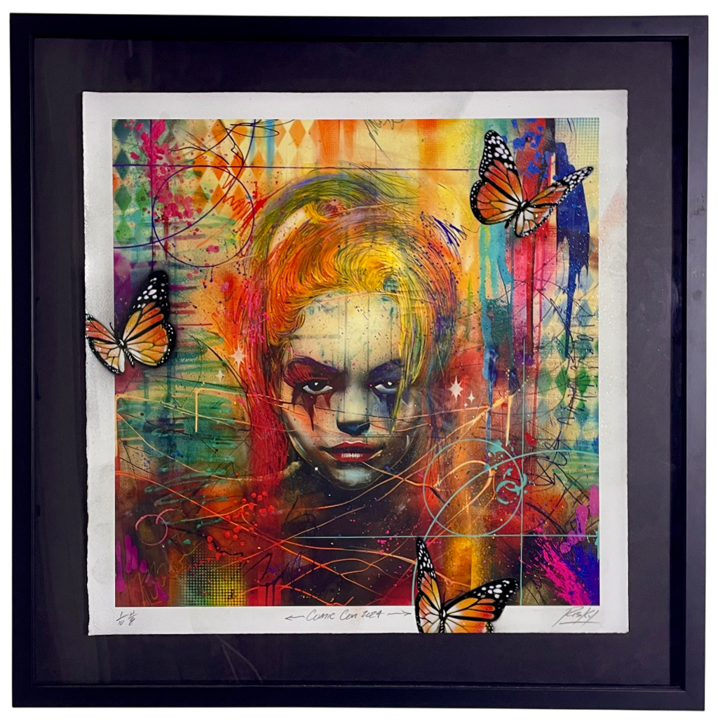 RISK, Harley Quinn: Harley Quinn portrait amid multicolored layers, monarch butterflies, and loose linear marks.