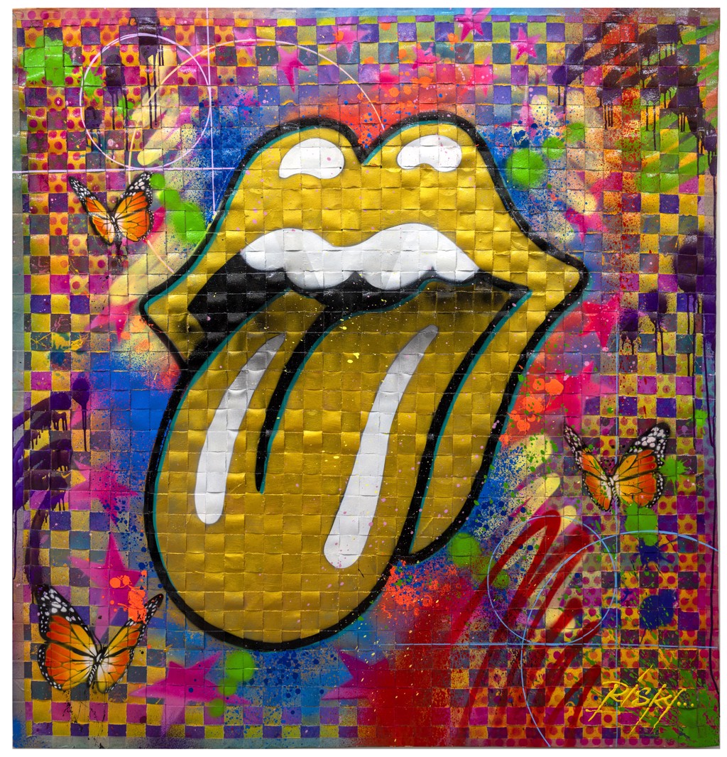 RISK Rolling Risky Gold: a gold tongue-and-lips motif over a colorful woven checkerboard background with butterflies and painted marks.