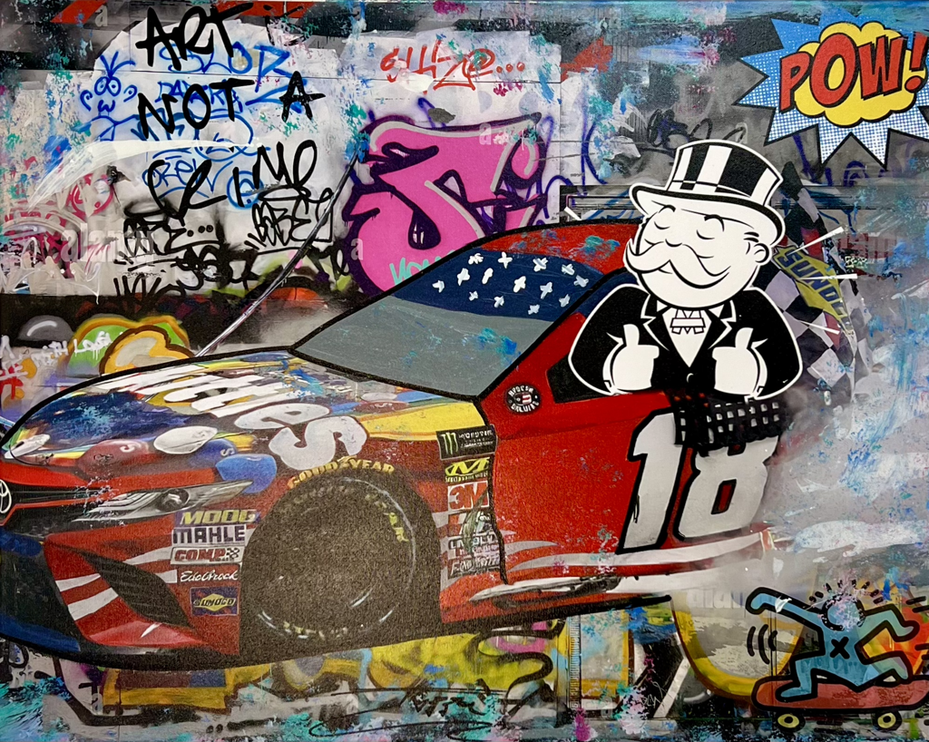 Jozza, Monopoly Collection: red number 1 race car beside a top-hatted Monopoly figure amid graffiti-style lettering and a POW burst.