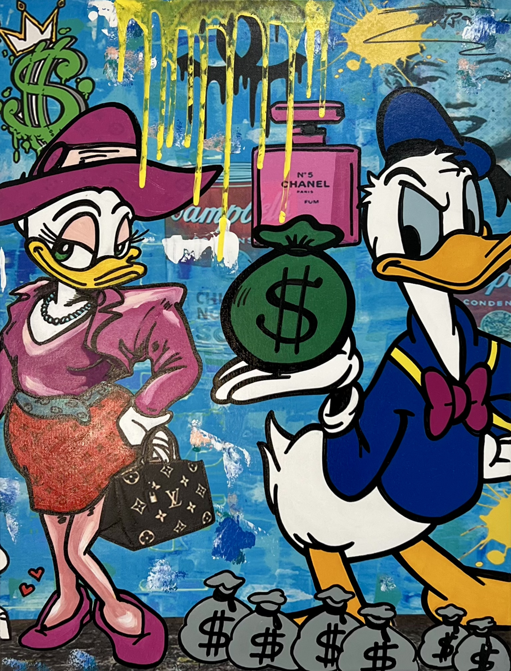 Jozza, Chanel No.5: Daisy Duck with a handbag beside Donald Duck holding a green money bag on a blue background.