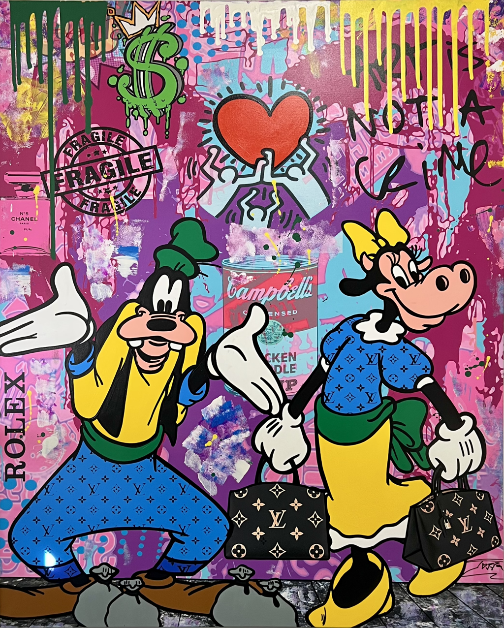 Jozza Best Budds: Goofy and Clarabelle Cow on a pink graffiti-style background with a red heart, dollar sign, and paint drips.