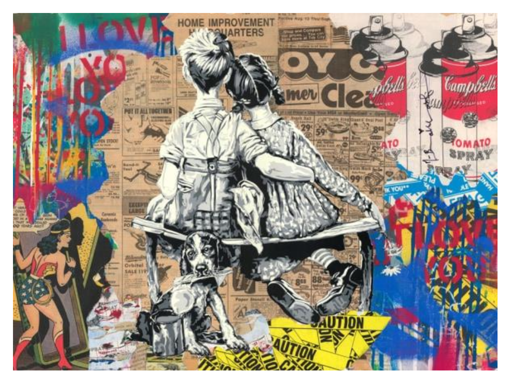 Mr. Brainwash Work Well Together Hand Signed Unique (1/1): two children seated together with a dog amid newspaper imagery, spray cans, and colorful lettering.
