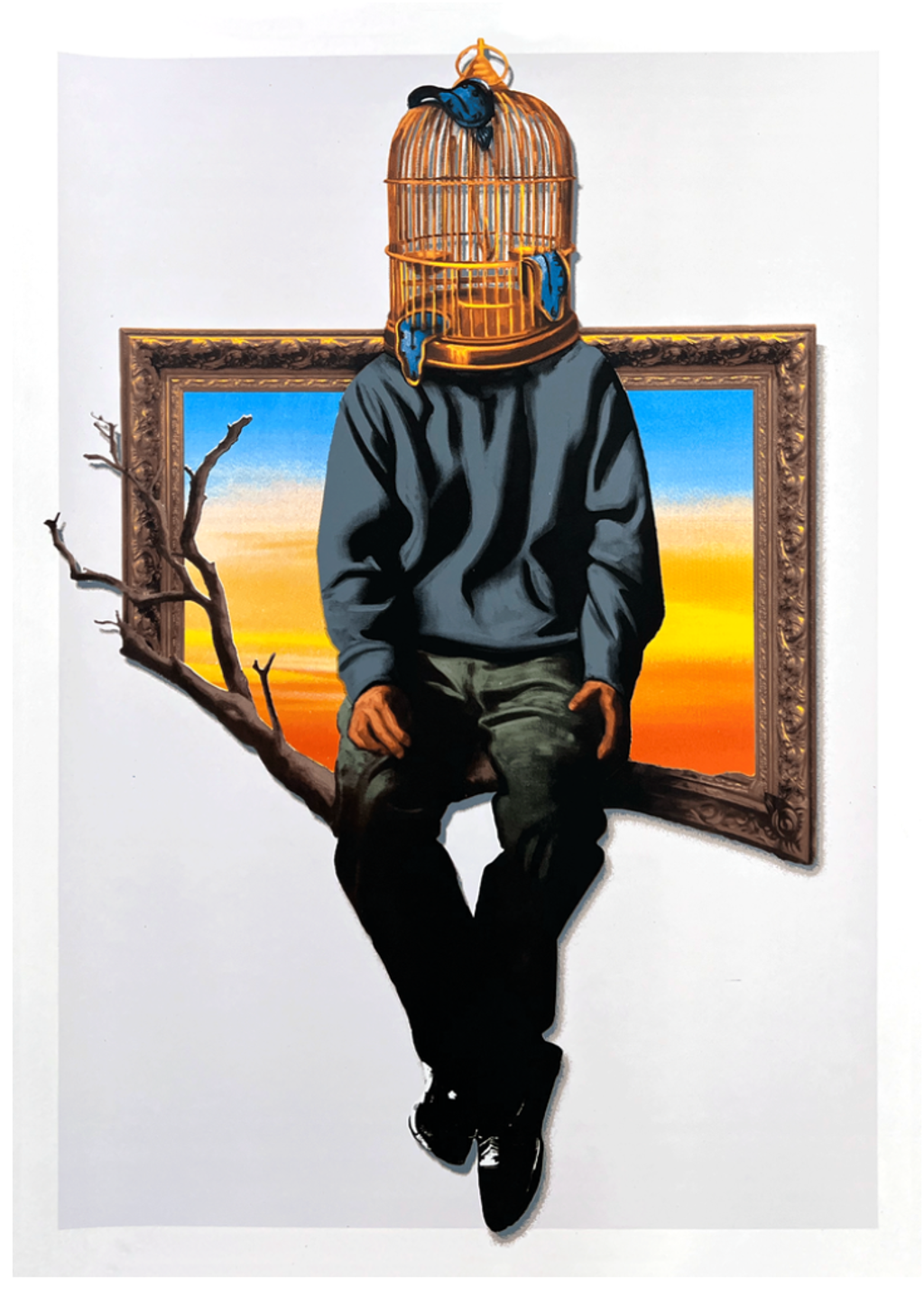 Hijack The Construct: Birdcage-headed figure on a branch extending from an ornate frame with a blue, yellow, and orange sky.