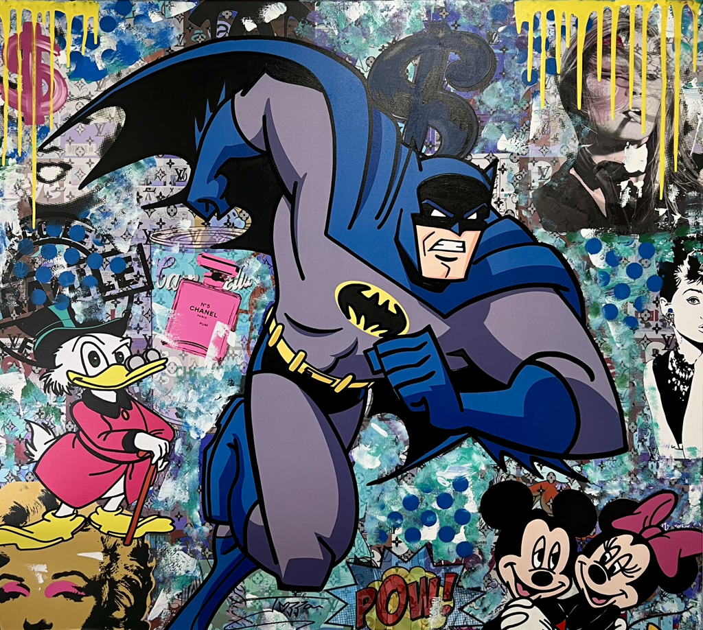 Jozza Scrooge New Friends: Batman beside Scrooge McDuck amid blue collage-like imagery, dollar signs, pink perfume bottle, and yellow paint drips.