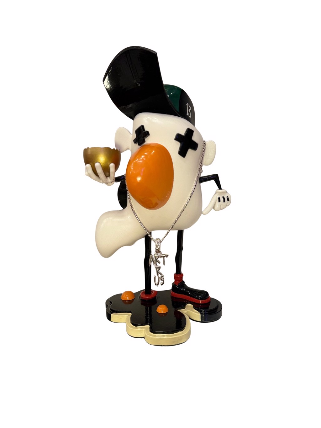Shahram "Aliz" Alizadeh Mr. Eggo with Art R Us Chain: egg-shaped character with orange center, black cross eyes, tilted cap, small cup, and Art R Us pendant.