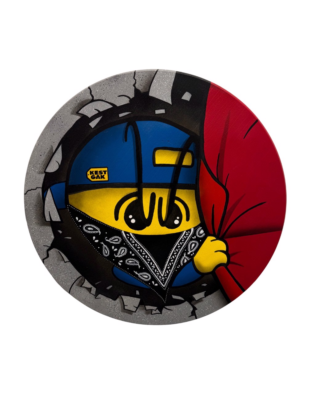 Kest Gak Breaking Through: Yellow cartoon figure in a blue cap and black bandana peering through cracked masonry beside a red curtain.