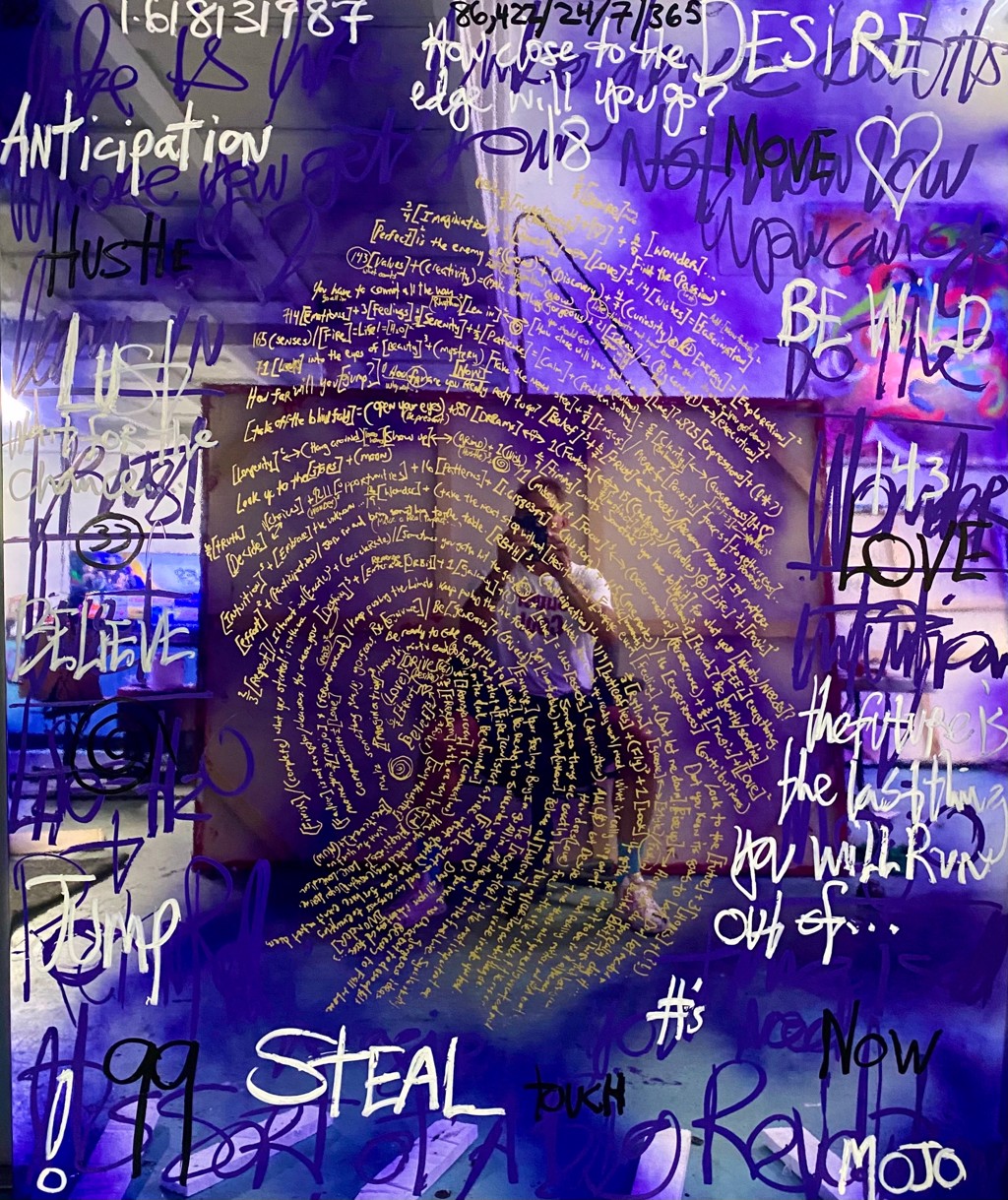 Brendan Murphy 92 Feelings: gold handwriting forms a large fingerprint amid layered words and symbols on a purple-toned chrome panel.
