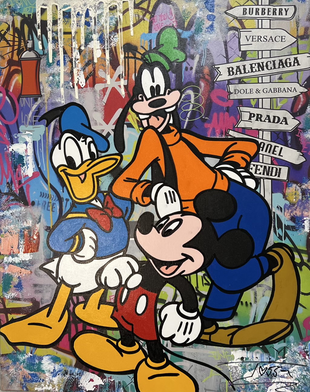 Jozza, 3 Musketeers #2: Mickey Mouse in front of Donald Duck and Goofy against colorful graphics and fashion-name signposts.