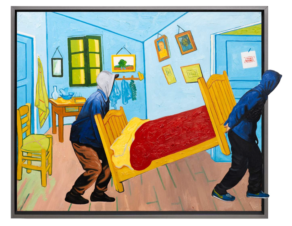 Hijack Time to Gogh: two hooded figures carry a yellow bed with a red blanket out of a blue bedroom, with one figure extending beyond the frame.