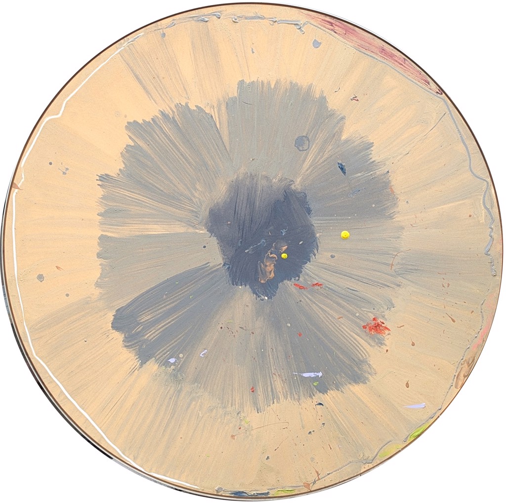 "Reel" Modern Abstract Neutral Toned Circular Shaped Canvas Painting by Darryl Hughto