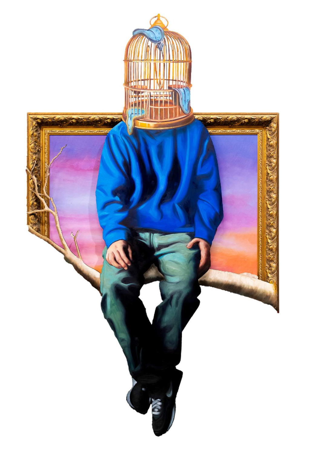 Hijack The Construct: a seated figure in a blue sweatshirt has a birdcage for a head, against a gold-framed sunset.