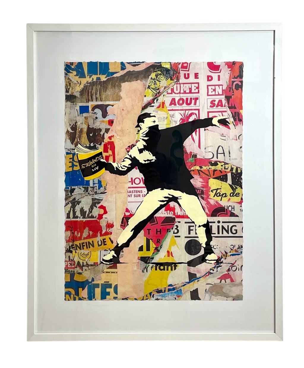 Mr. Brainwash Banksy Thrower Hand Signed Unique (1/1): stenciled throwing figure against layered pink, red, yellow, and blue poster fragments.