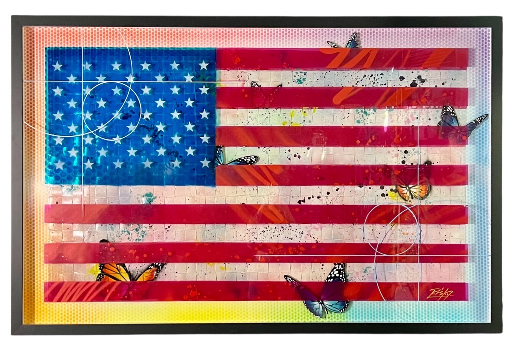 RISK My Risky Flag: American flag with butterfly imagery, paint splashes, thin looping lines, and a multicolored border.