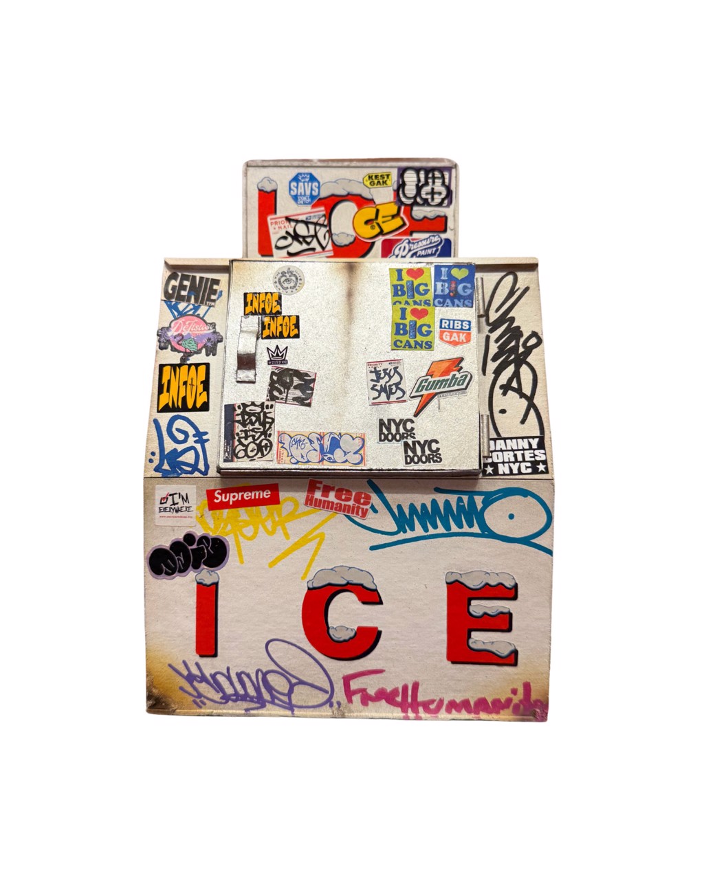 Danny Cortes Extra Large Double Ice Box: white miniature double-door ice box covered with stickers, graffiti, and red ICE lettering.