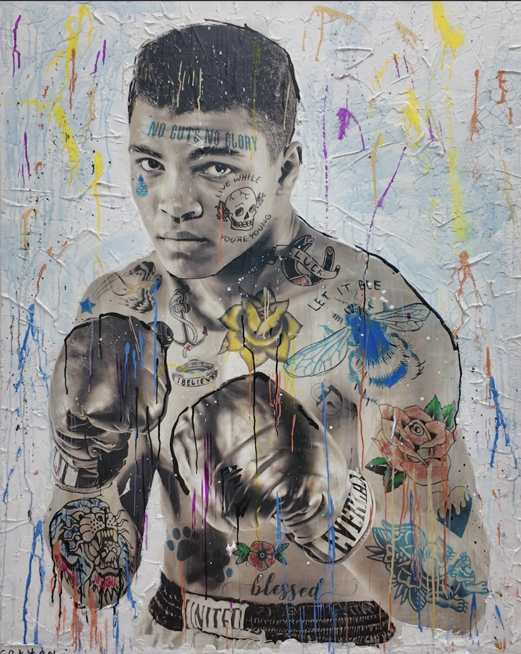 Andrew Cotton Sting: Muhammad Ali with raised boxing gloves, tattoo-like roses and lettering, and colorful drips on a pale textured background.