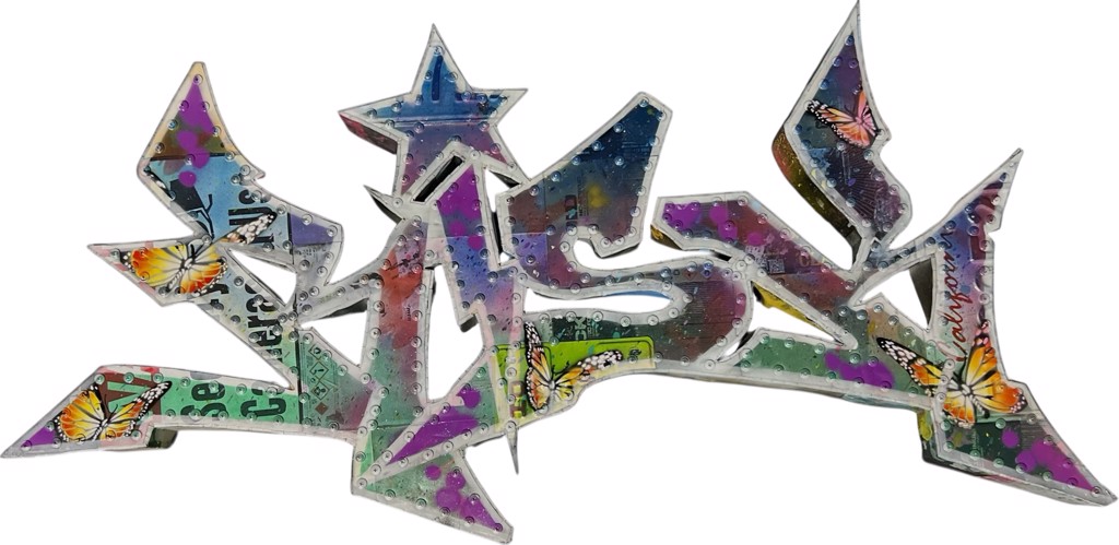 RISK Risky Tag: angular graffiti-letter cutout with a star, colorful surfaces, and orange butterflies.