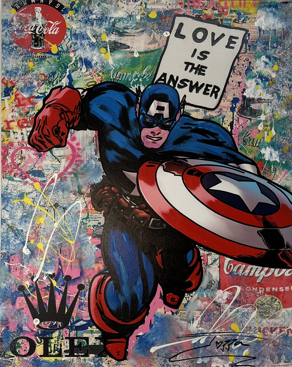 Jozza, Answer is Love: Captain America charging with his shield beneath a LOVE IS THE ANSWER sign on a layered graphic background.