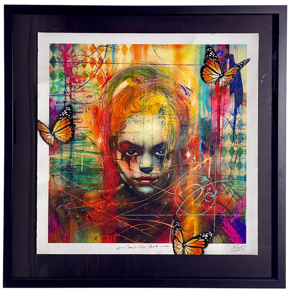 RISK, Harley Quinn AP: Harley Quinn portrait with orange-and-black butterflies over layered yellow, orange, green, and blue.