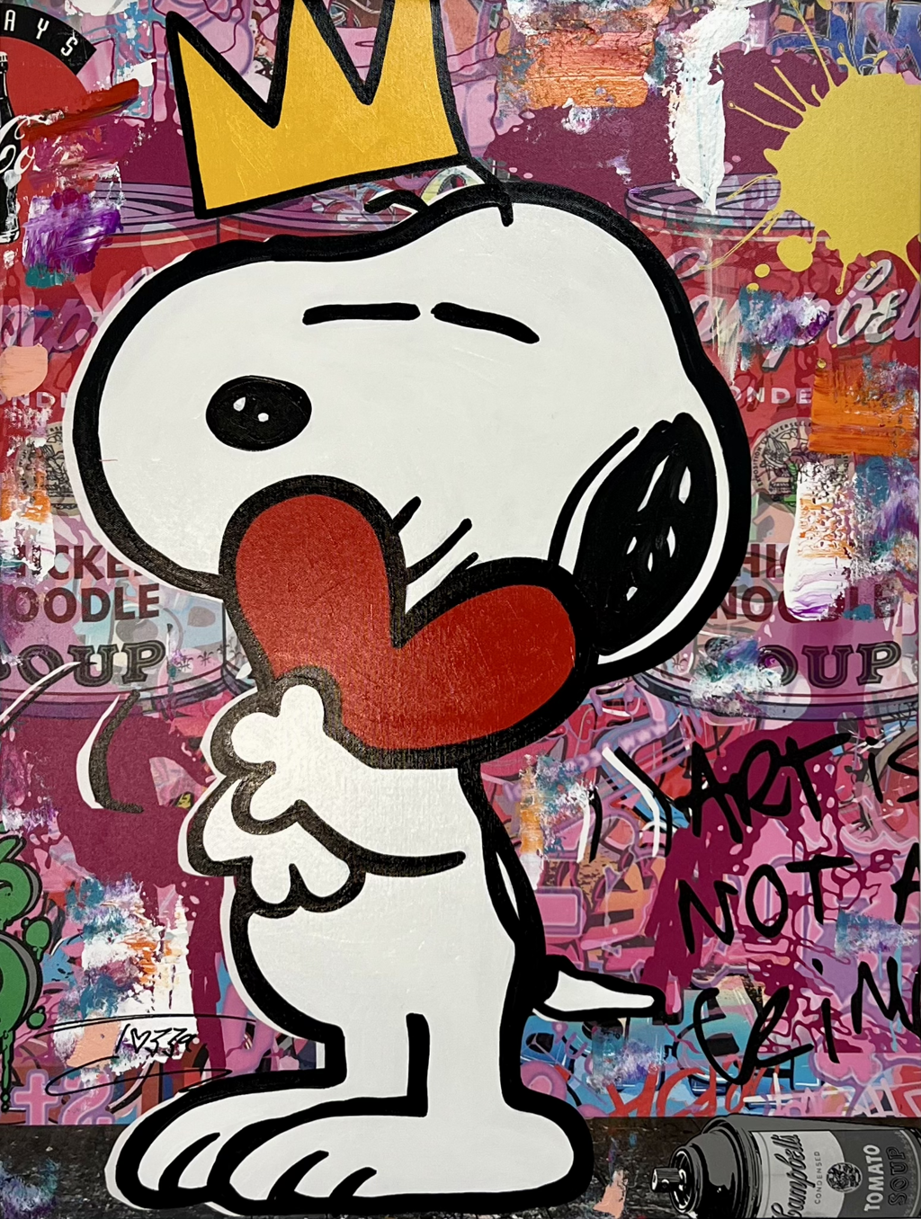 Jozza, The Majesty: Snoopy hugging a red heart beneath a yellow crown against pink and purple lettering.