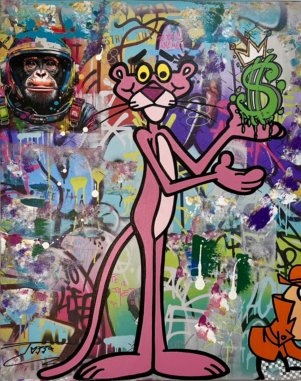 Jozza, Pink Day: standing Pink Panther with extended hands against multicolored marks, a green dollar sign, and a small portrait.