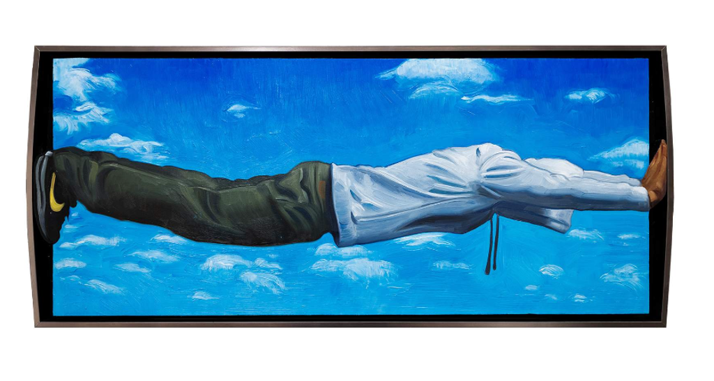 Hijack Hold On: a hooded figure stretches horizontally across a blue sky with clouds, bracing hands and feet against opposite sides of a dark frame.