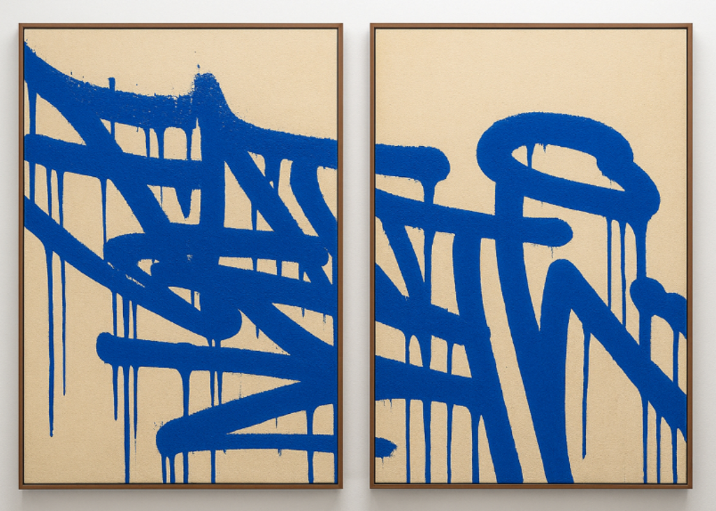 Faith 1/1 (pair) (2025) by Tom Kiewra — Acrylic, Ink, Spray Paint on Heavy Cotton Canvas in Artist Built Custom Stained, Wooden Frame