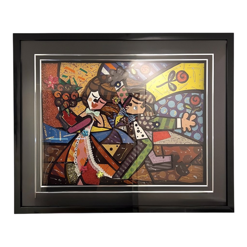 BRITTO Runaway Bride: bride with bouquet beside a suited figure amid colorful geometric patterns and roses.