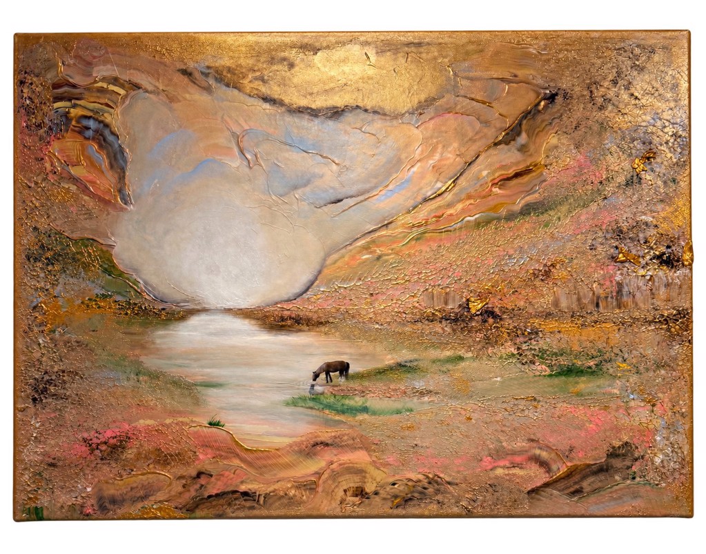 Inga Zurabiani The Golden Meadow: gold-and-earth-toned textured landscape with a small grazing animal beneath a luminous horizon.