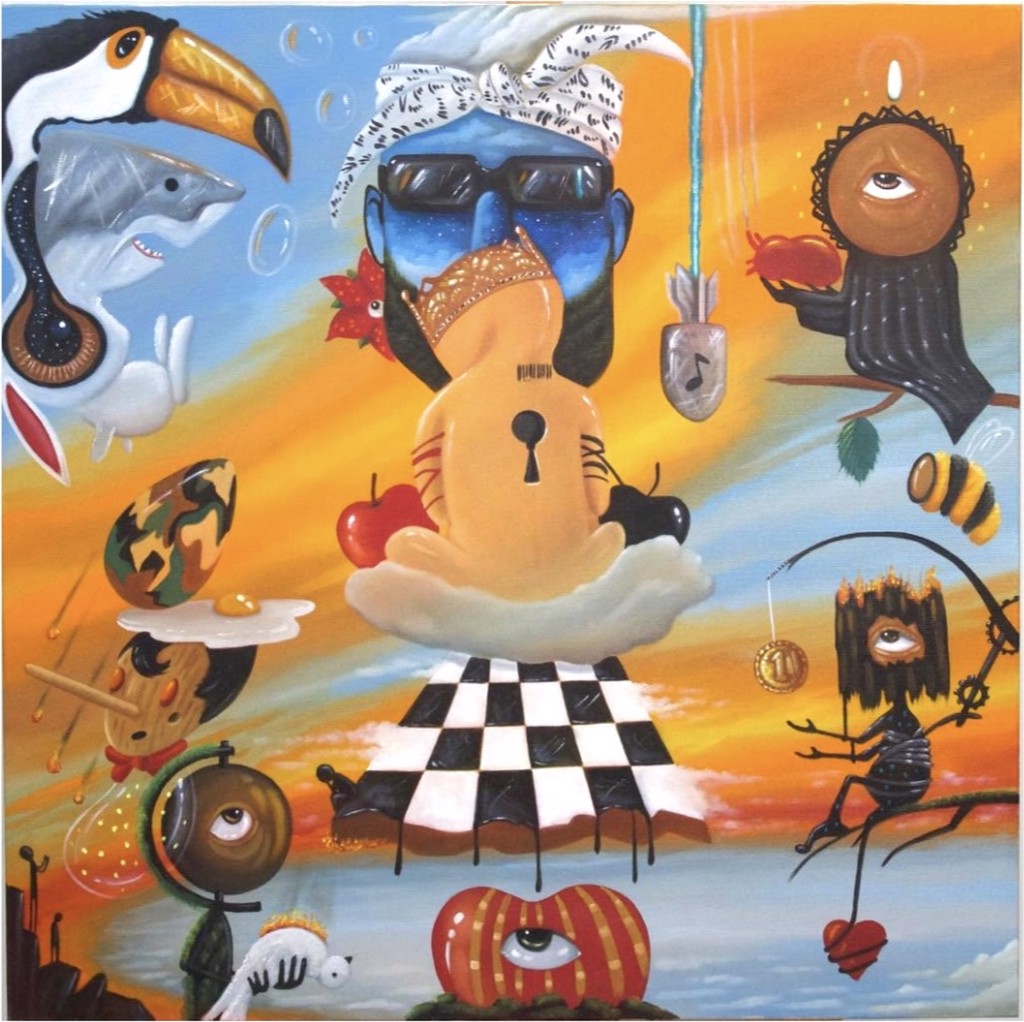 Shahram "Aliz" Alizadeh Circle Of Life: surreal blue face with sunglasses above an orange keyhole form, surrounded by animals and single-eyed figures.