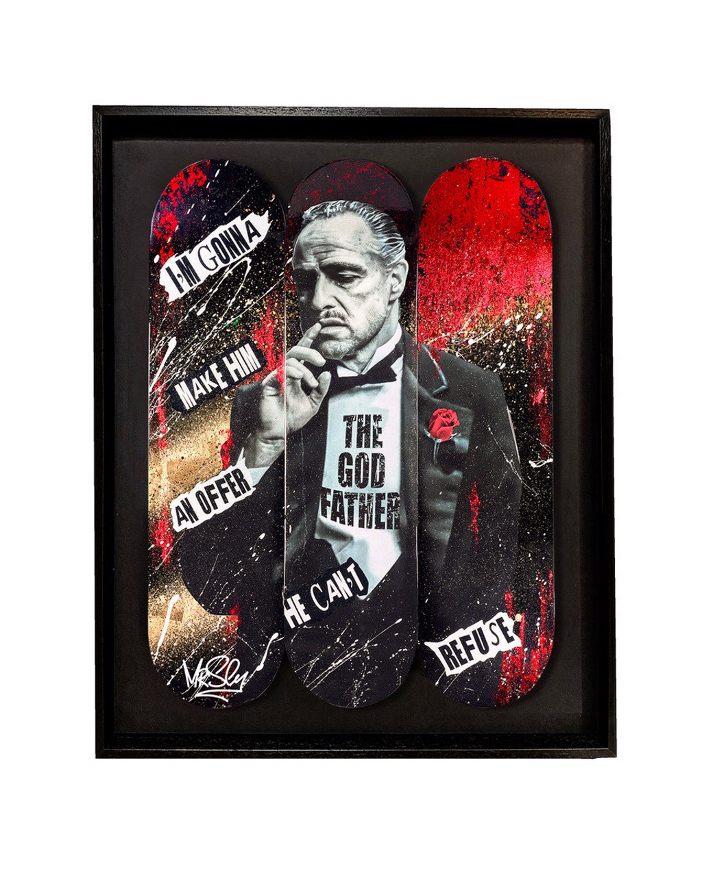 Mr Sly The God Father: Godfather portrait across three skateboard decks with red and black marks and white text.
