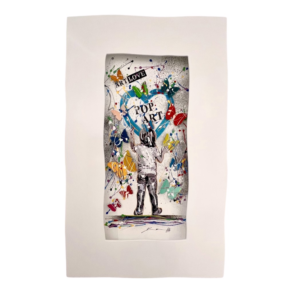 Oz El Hai Love Art: child reaching toward a POP ART heart amid colorful butterflies and paint splashes in a white frame.