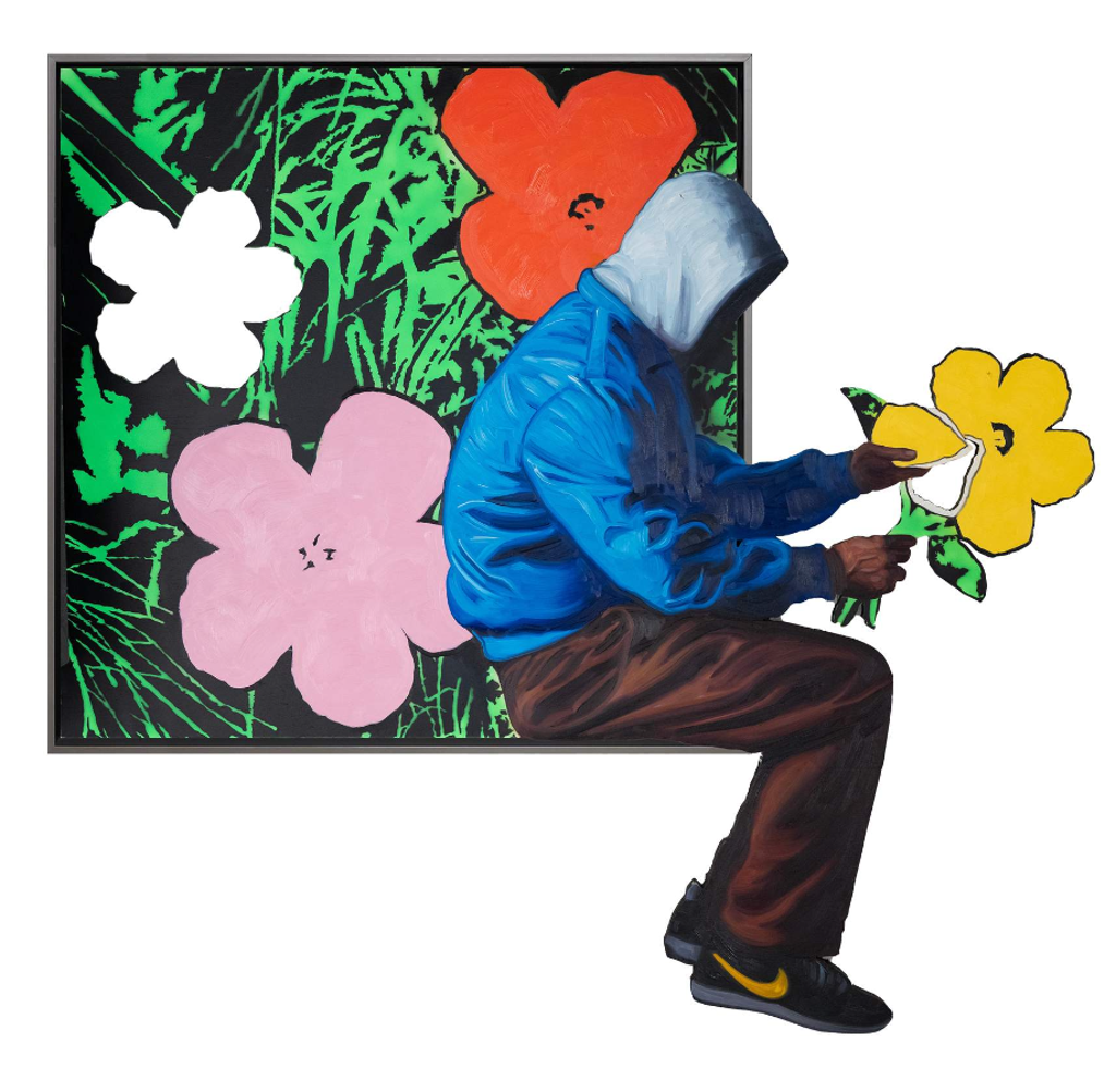 Hijack They Love Me, They Love Me Not: a seated figure in a blue hoodie holds a yellow flower beside a colorful floral panel.