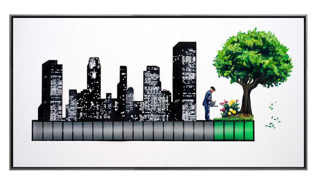 Hijack Loads of Steel: a black city skyline contrasts with a green tree, flowers, and a small figure on a gray-to-green platform.