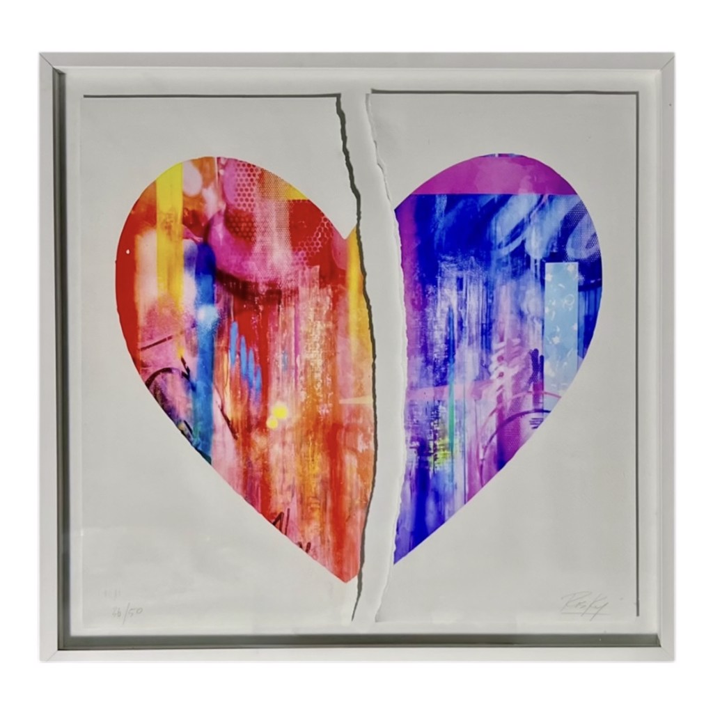 RISK, Choose Love: split heart with warm red and orange on the left and blue and purple on the right against a pale background.
