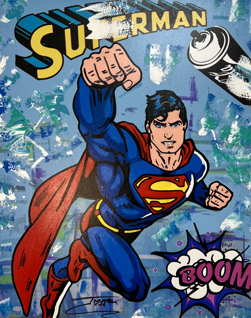Jozza, Supermans Punch: Superman flying with a raised fist and red cape, with a spray can and BOOM lettering on blue.