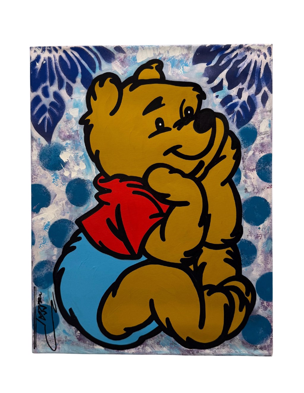 Jozza, Disney Collec: seated Winnie the Pooh in a red shirt against blue circles and white branching lines.