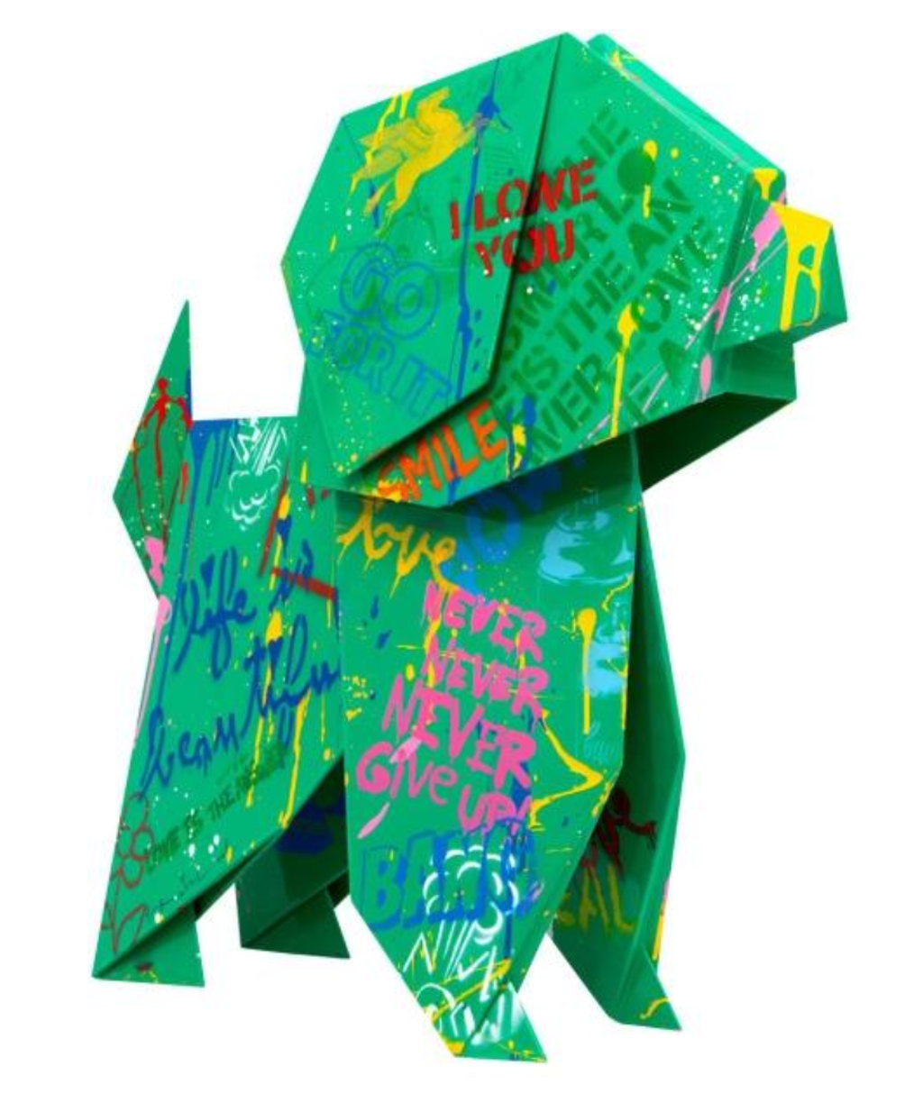 Mr. Brainwash Imagiro Dog: angular green dog sculpture with folded-looking planes, a pointed tail, colorful slogans, and paint splashes.
