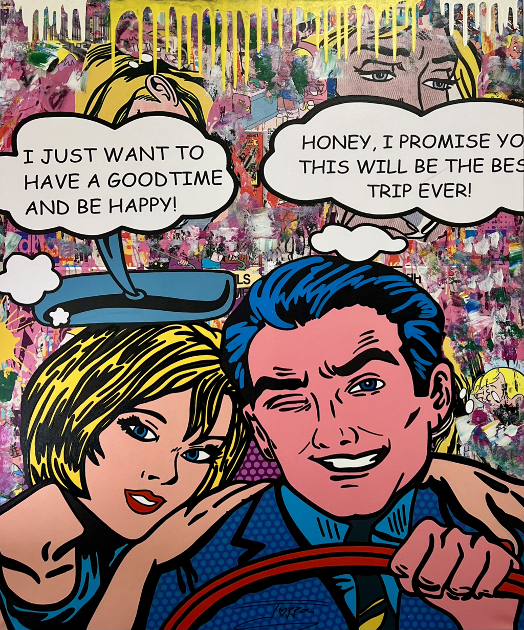 Jozza Best Trip!: comic-book couple beneath speech bubbles about happiness and a trip, with a multicolored background and yellow drips.