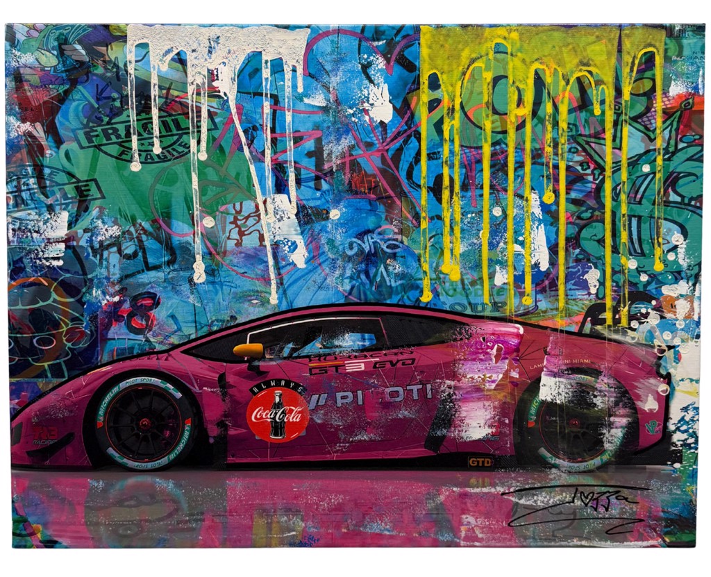 Jozza, Sunday Morning: magenta sports car against blue and turquoise graphic layers with white and yellow paint drips.