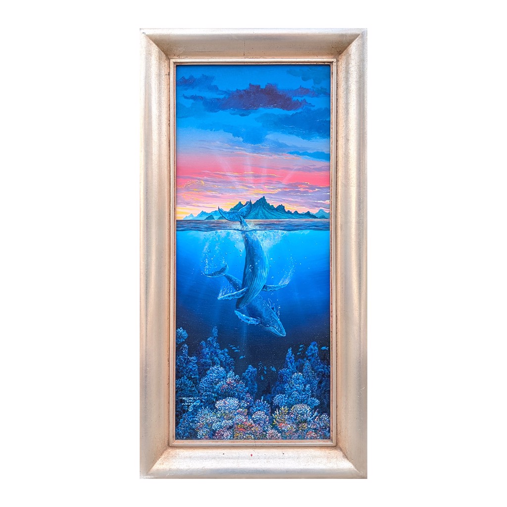 Contemporary Colorful Tropical Ocean Landscape with Whales by