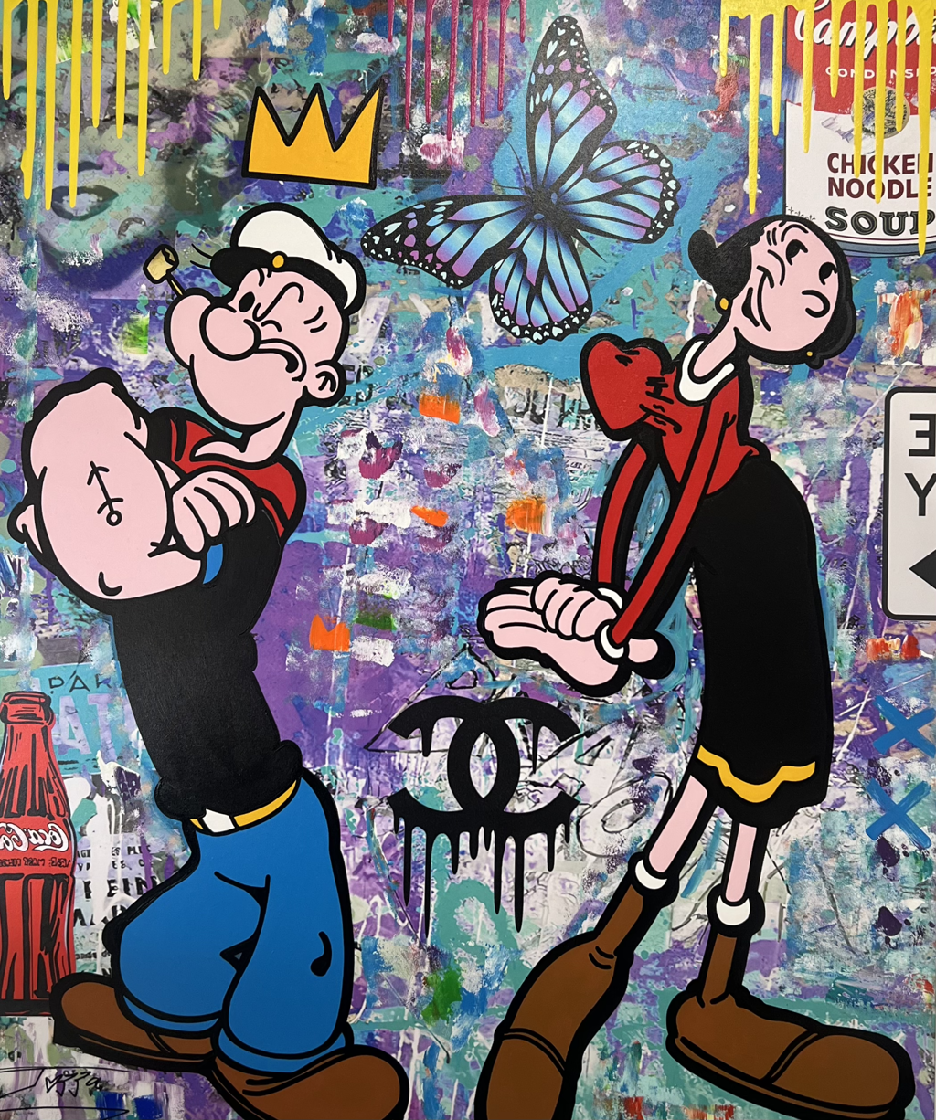 Jozza Blue Butterfly: Popeye and Olive Oyl beneath a blue butterfly and yellow crown against a layered blue-purple pop-art background.