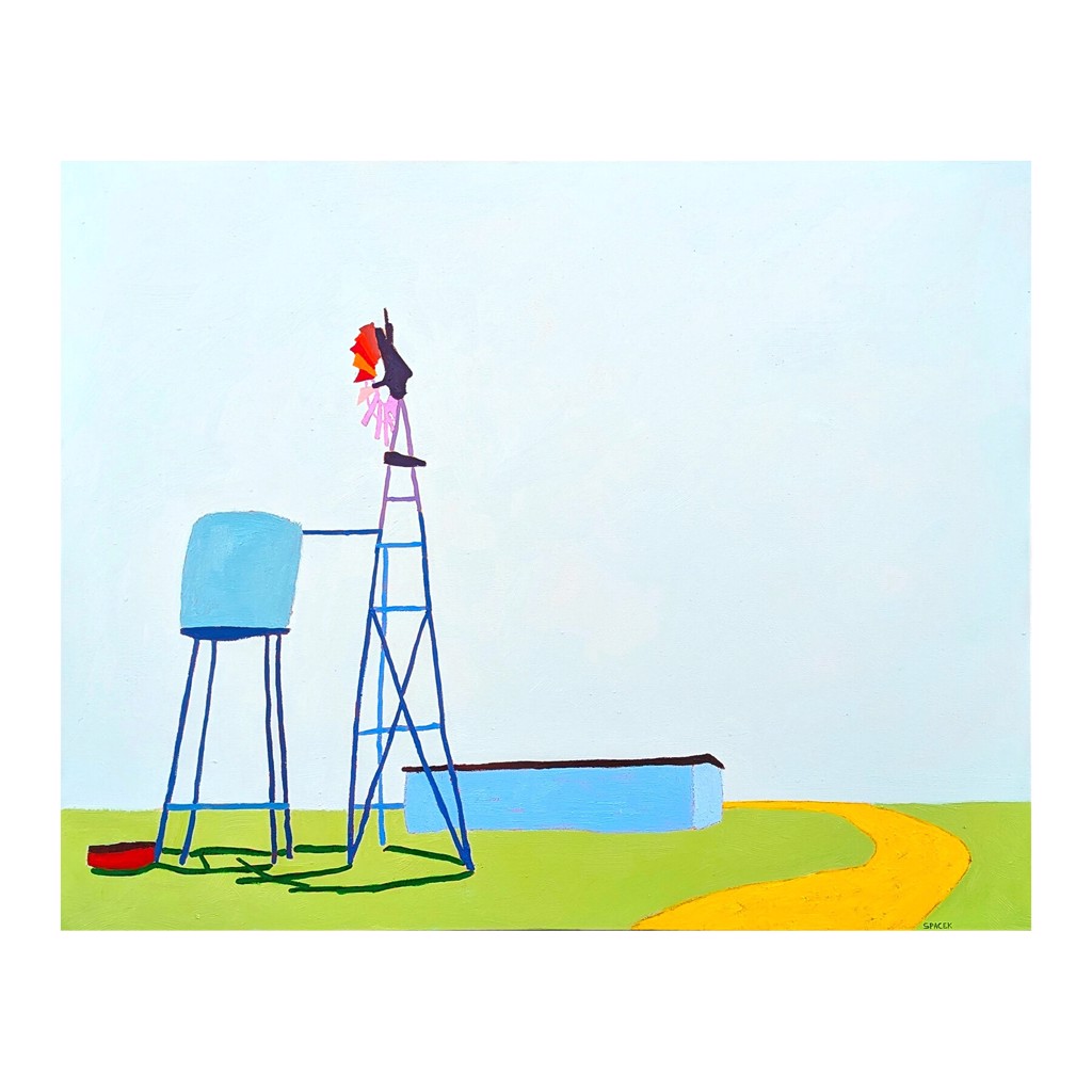 “American Rural, Windmill” Contemporary Colorful Pastoral Landscape Painting by Jacob Spacek