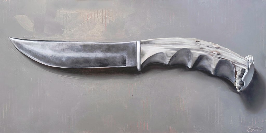 Original Oil Painting By Christy Stallop Featuring A Knife In Grayscale