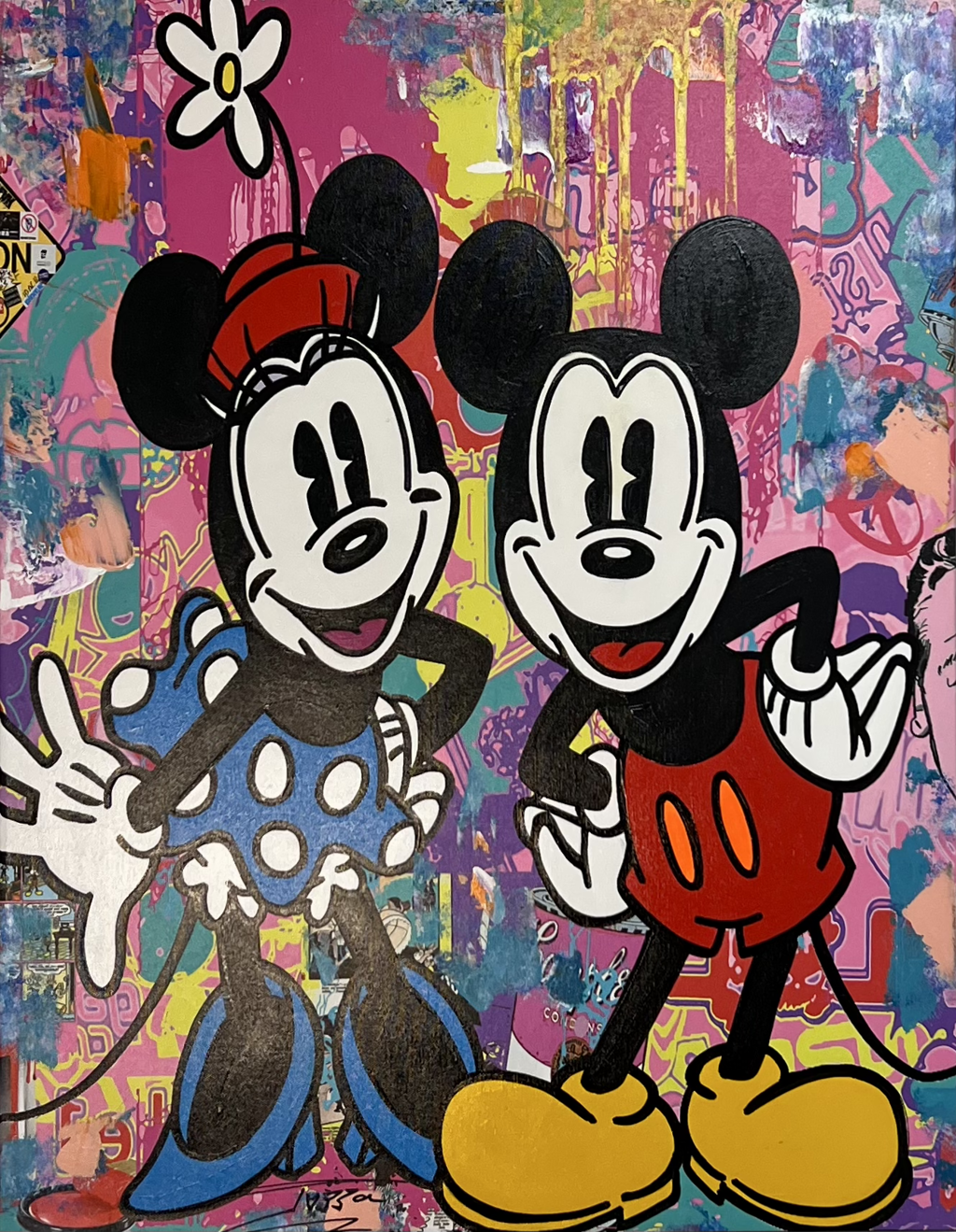 Jozza, Friends Forever: Minnie and Mickey Mouse standing together against pink, purple, and turquoise marks and paint drips.
