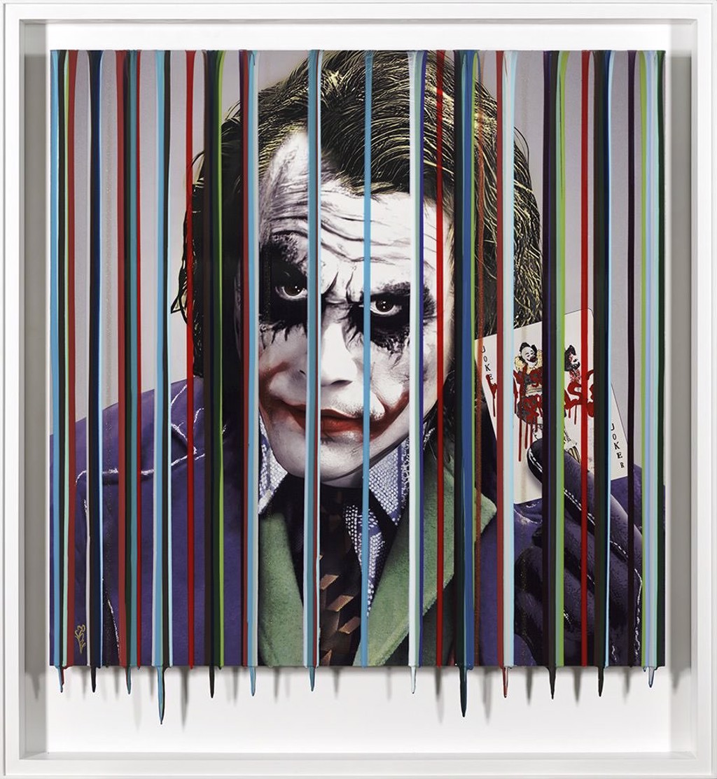 Srinjoy Joker (Commission): Joker portrait with white makeup, dark eyes, red smile, and a playing card behind multicolored vertical strips.