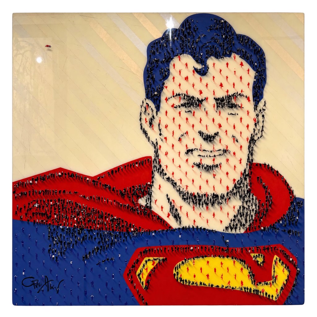 Super People by Craig Alan, a Superman portrait composed of small figures in red, blue and yellow, signed lower left