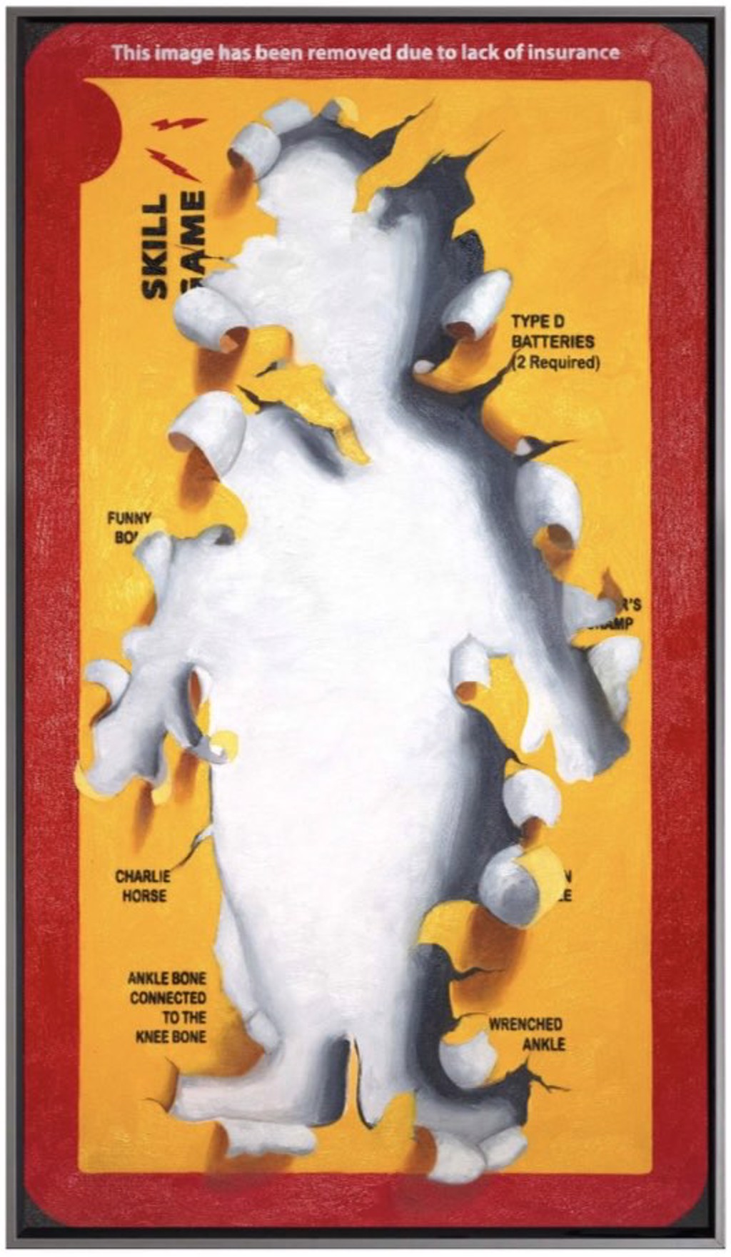 Hijack Uninsured: a white human-shaped silhouette with curled, torn-looking edges interrupts a yellow game-board design inside a red border.