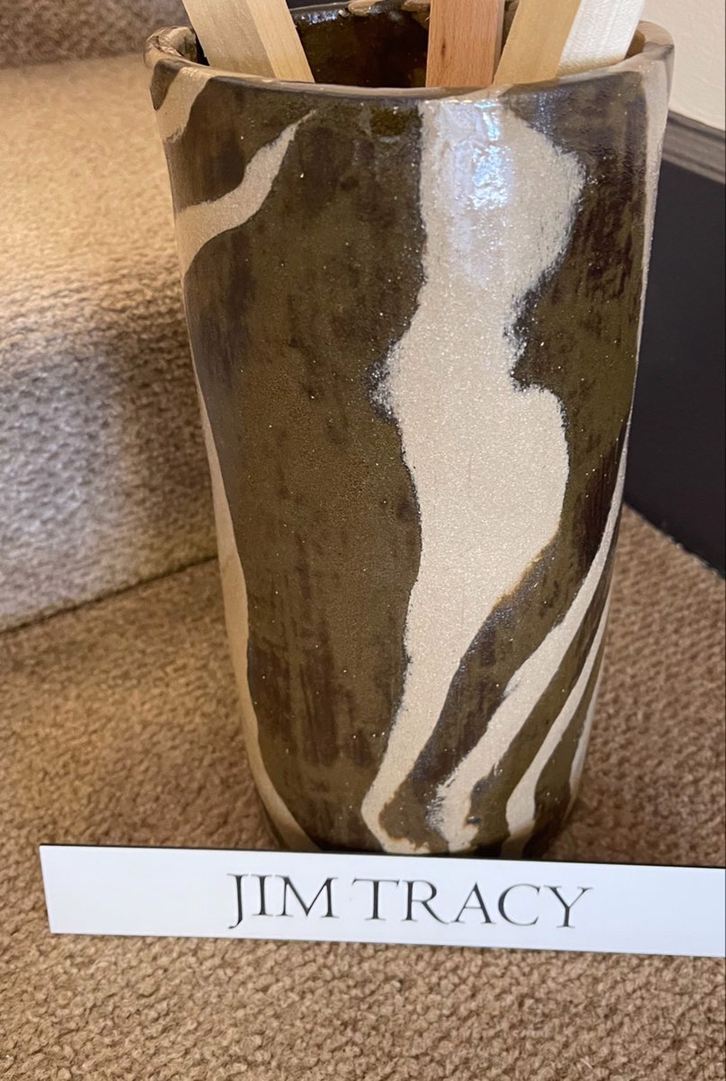 Beige Stripe Vase by Jim Tracy