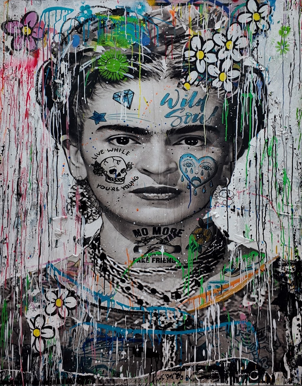 Andrew Cotton To Frida: grayscale Frida Kahlo portrait with colorful flowers, facial symbols, lettering, and long paint drips.
