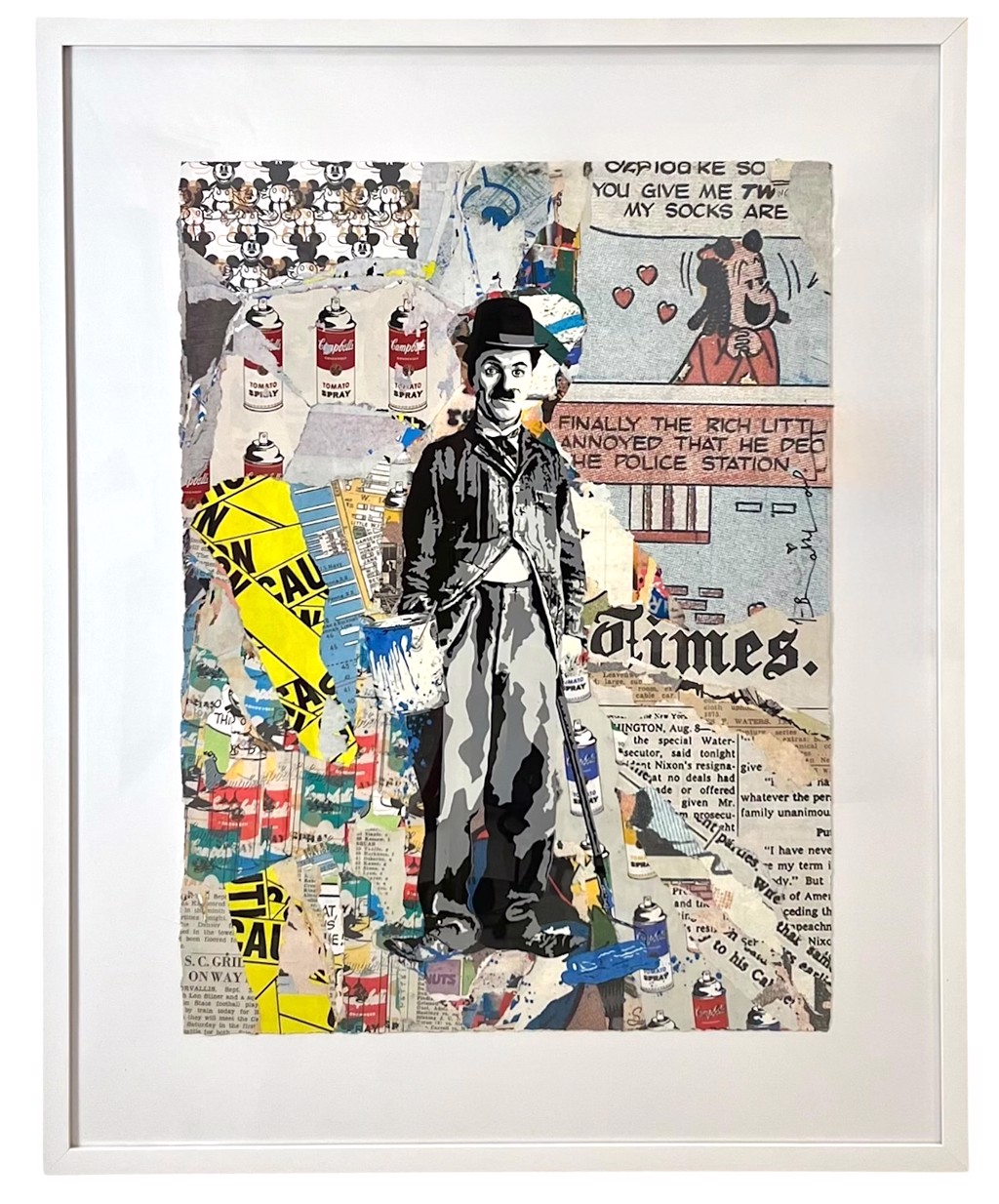 Mr. Brainwash Chaplin Hand Signed Unique (1/1): Charlie Chaplin with a cane against newspaper fragments, comic panels, and caution tape.